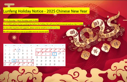 Blog công ty mới nhất về Lễ nghỉ năm mới Trung Quốc (CNY) của Lunfeng: Thứ Năm 23 tháng 1 ~ Thứ Năm 6 tháng 2, tổng cộng 15 ngày.
